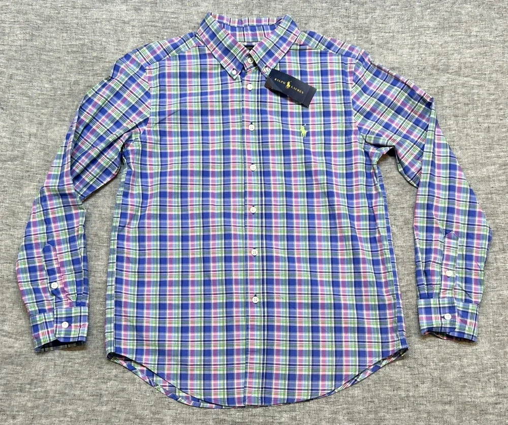 Ralph Lauren Shirt Youth Large 14-16 Plaid Long Sleeve Classic Preppy Button-Up
